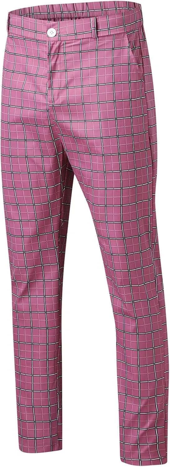 Men's Plaid Dress Pants Skinny Slim Fit Tapered Pants Stretch Chino Pants Checked Office Prom Trousers with Pockets