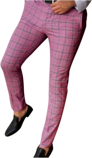 Men's Plaid Dress Pants Skinny Slim Fit Tapered Pants Stretch Chino Pants Checked Office Prom Trousers with Pockets