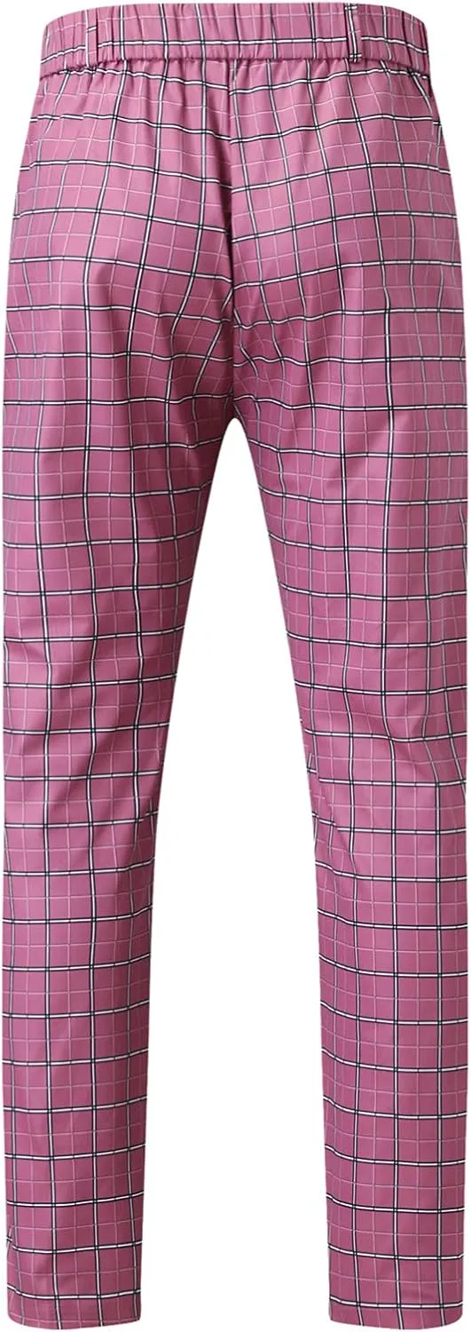 Men's Plaid Dress Pants Skinny Slim Fit Tapered Pants Stretch Chino Pants Checked Office Prom Trousers with Pockets