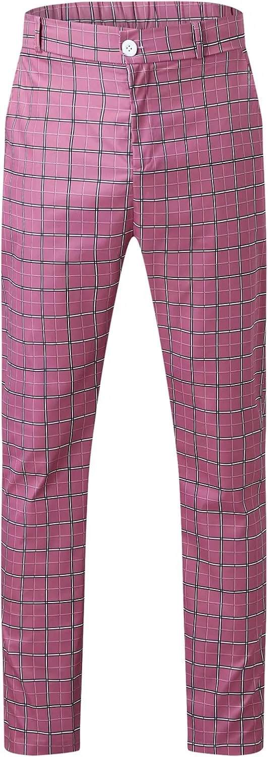 Men's Plaid Dress Pants Skinny Slim Fit Tapered Pants Stretch Chino Pants Checked Office Prom Trousers with Pockets