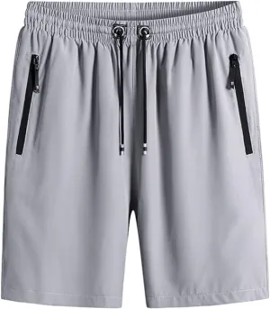Men's Plus Size Ice Silk Stretch Shorts, Casual Beach Shorts, Quick Dry Sports Shorts with Zippered Pockets (Grey,6XL)