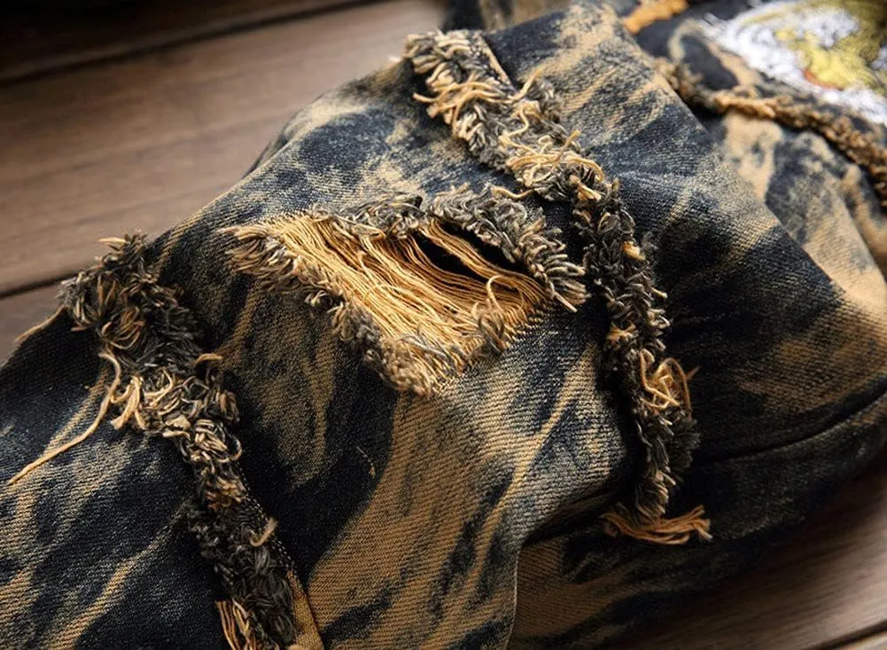 Men's Ripped Paint Jeans Pants Slim Fit Straight Distressed Denim Trousers
