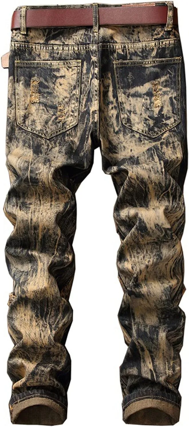 Men's Ripped Paint Jeans Pants Slim Fit Straight Distressed Denim Trousers