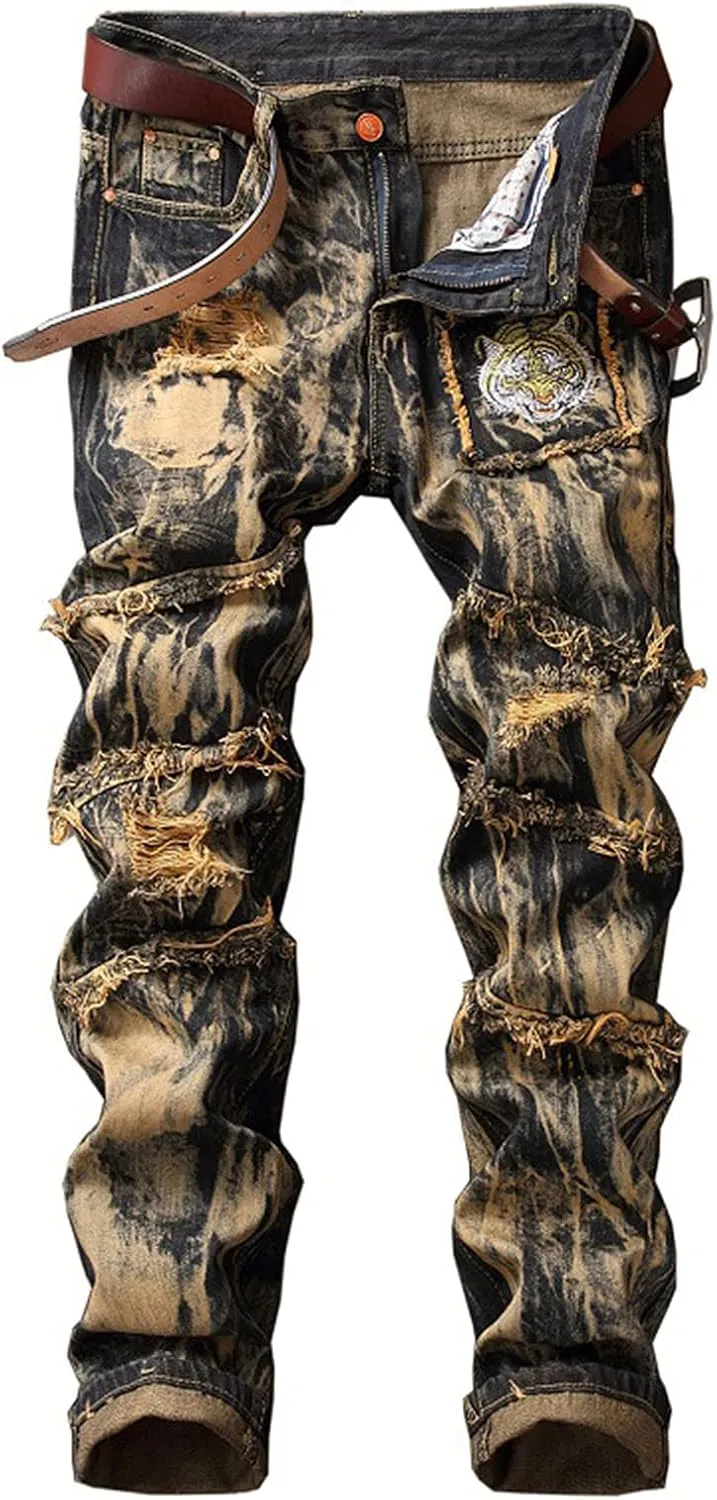 Men's Ripped Paint Jeans Pants Slim Fit Straight Distressed Denim Trousers