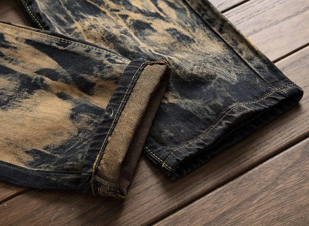 Men's Ripped Paint Jeans Pants Slim Fit Straight Distressed Denim Trousers