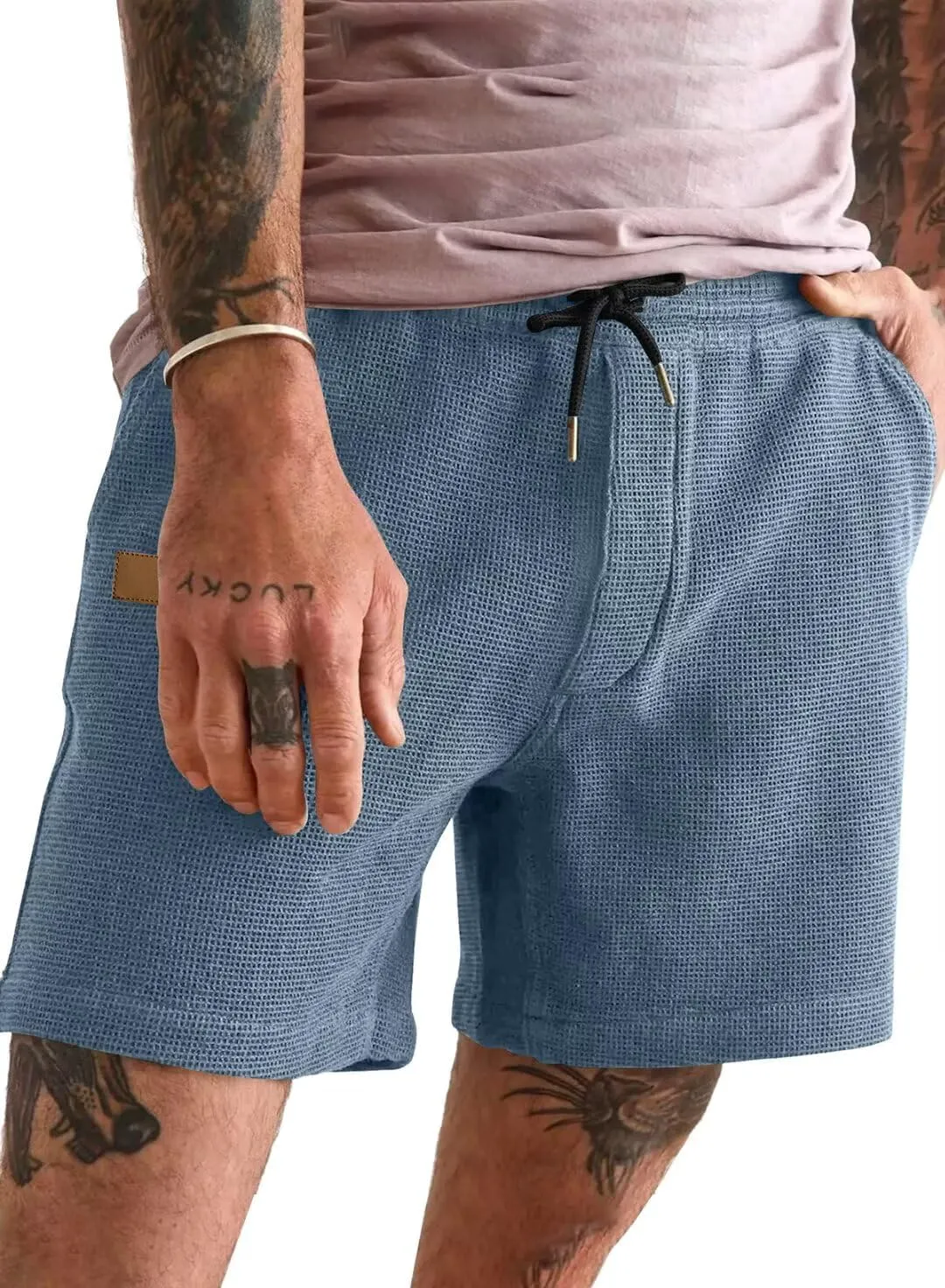 Mens Shorts Casual Waffle Elastic Waistc Drawstring 7" Shorts Summer Beach Lightweight Shorts with Pockets