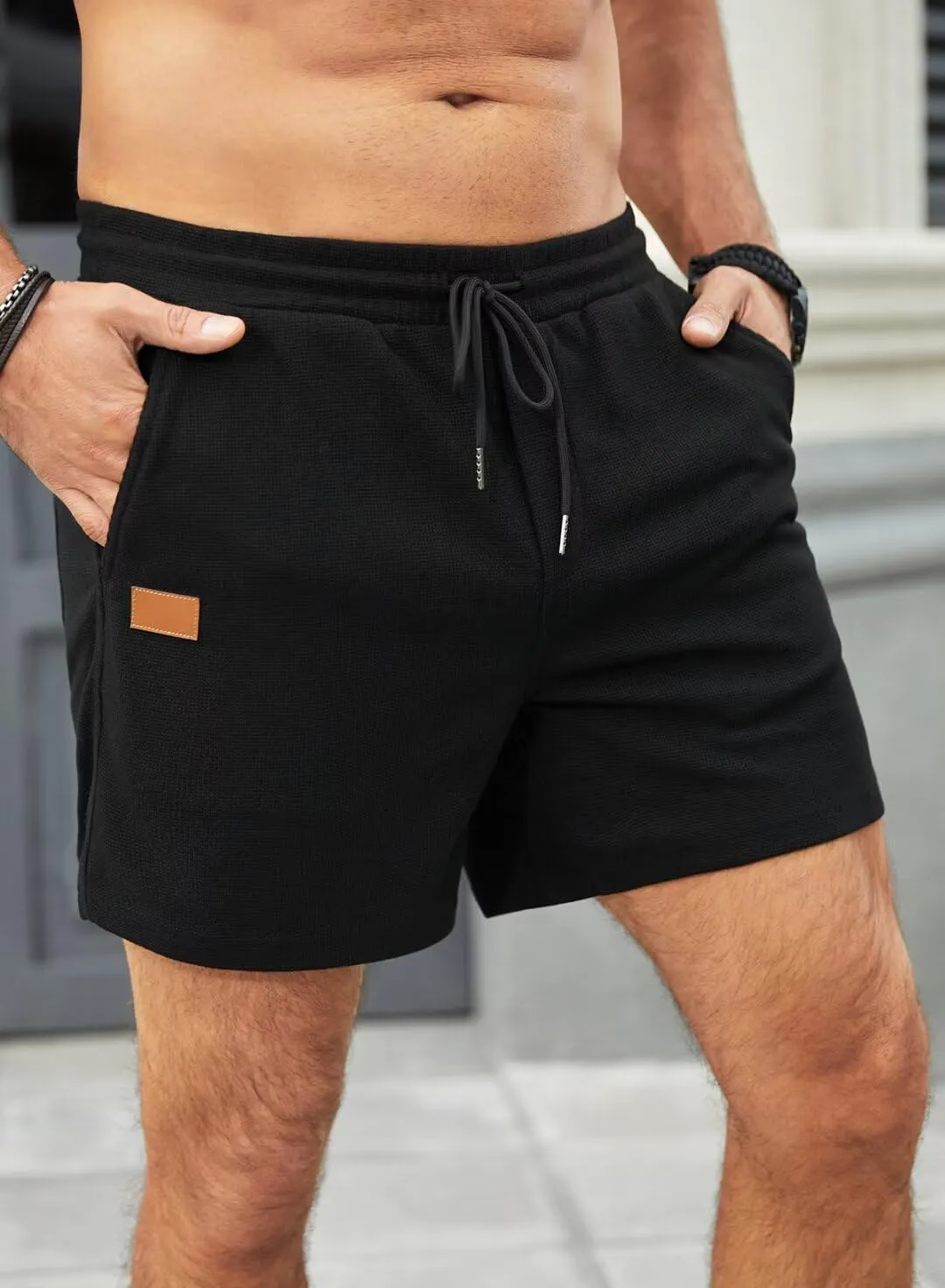Mens Shorts Casual Waffle Elastic Waistc Drawstring 7" Shorts Summer Beach Lightweight Shorts with Pockets