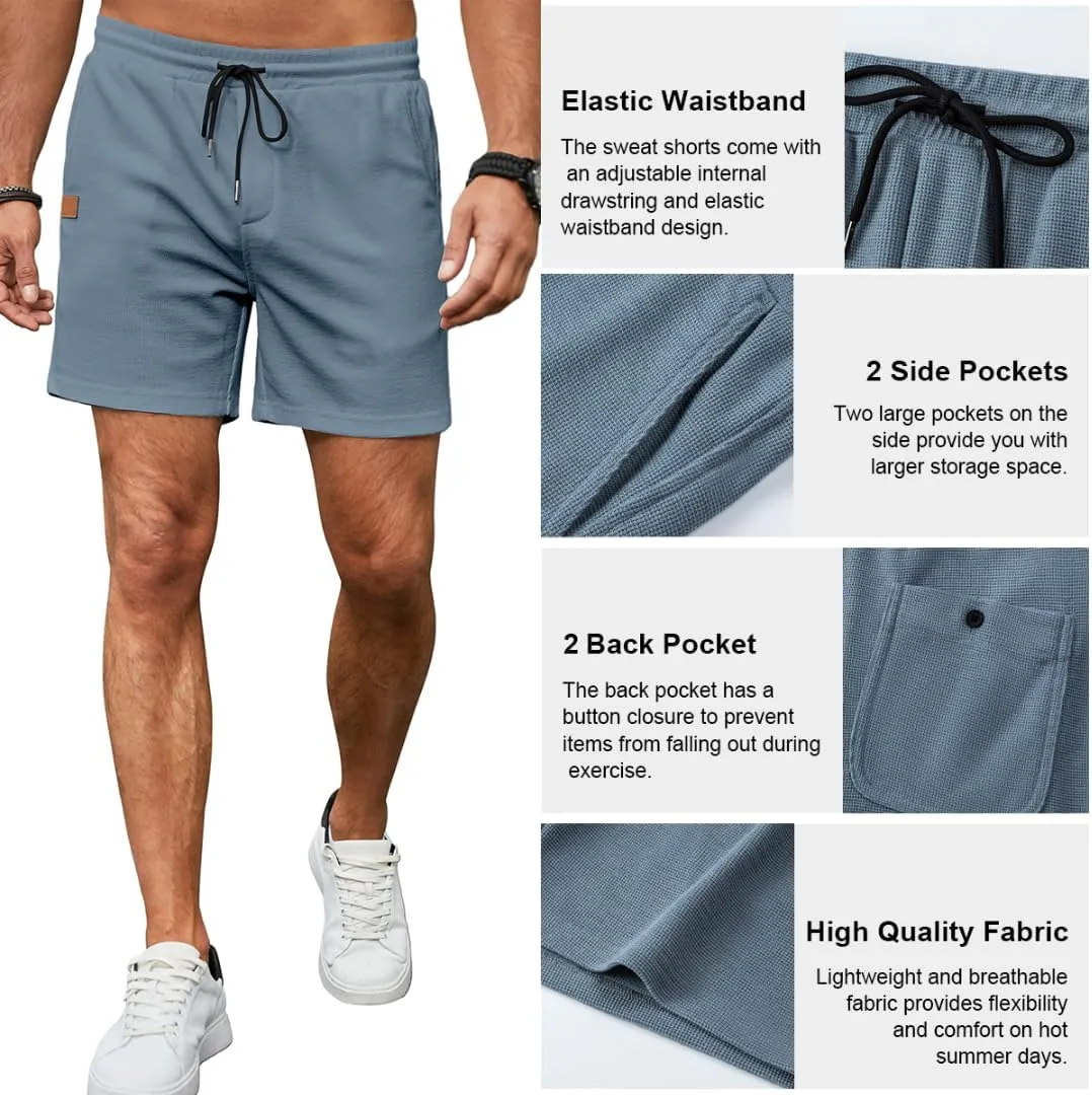 Mens Shorts Casual Waffle Elastic Waistc Drawstring 7" Shorts Summer Beach Lightweight Shorts with Pockets