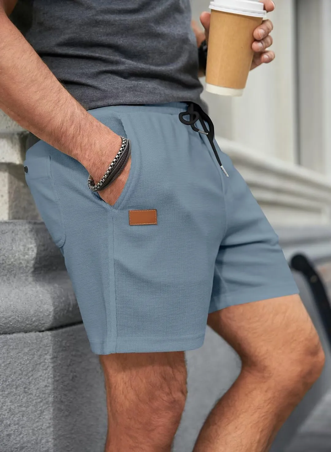 Mens Shorts Casual Waffle Elastic Waistc Drawstring 7" Shorts Summer Beach Lightweight Shorts with Pockets