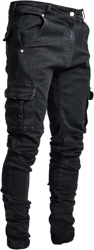 Men's Slim Fit Classic Skinny Cargo Jeans Distressed Multipocket Casual Denim Pants Comfort Stretch Jeans Trouser
