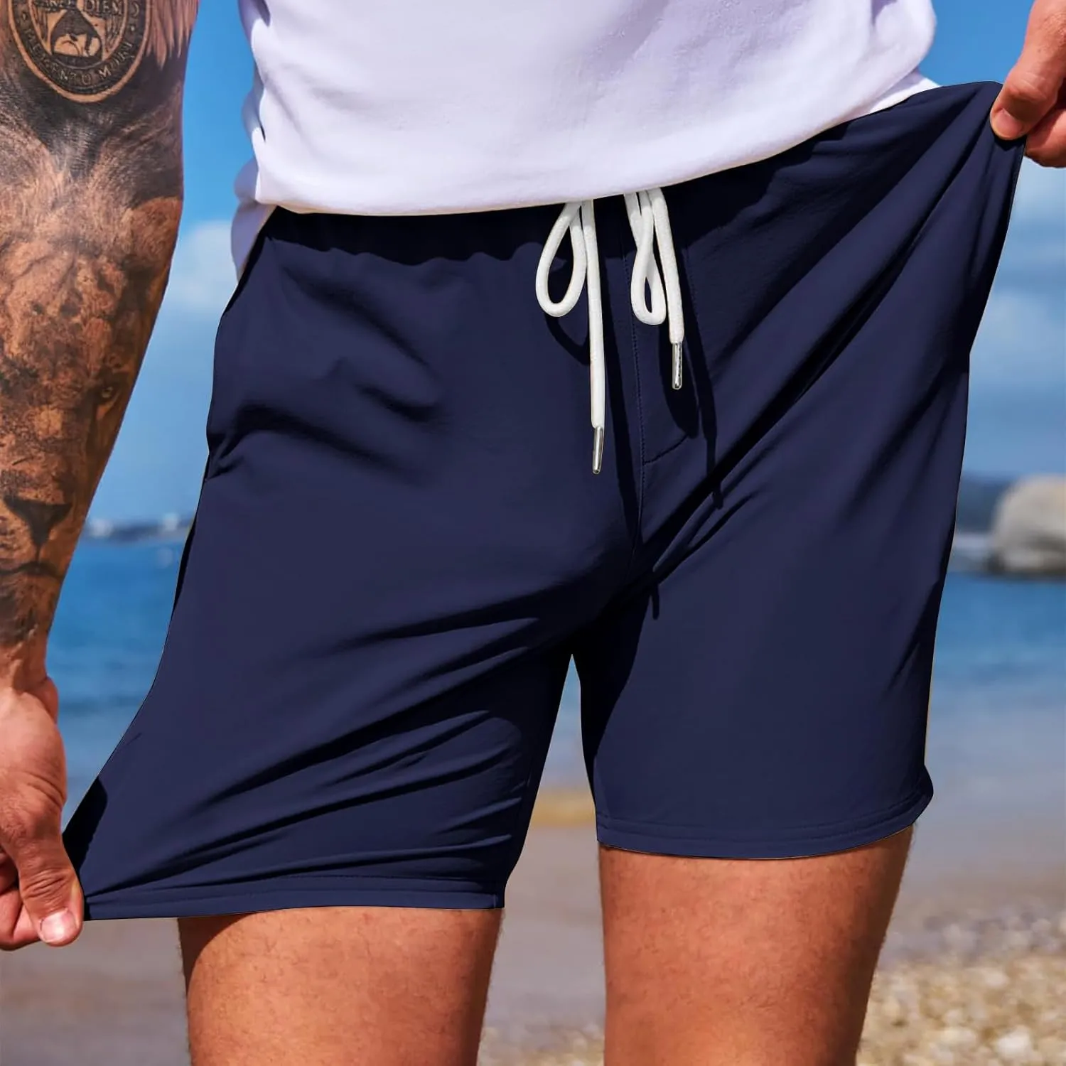 Men's Summer Casual Sports Shorts Drawstring Stretch Waist Quick Dry Beach Athletic Shorts with Pockets