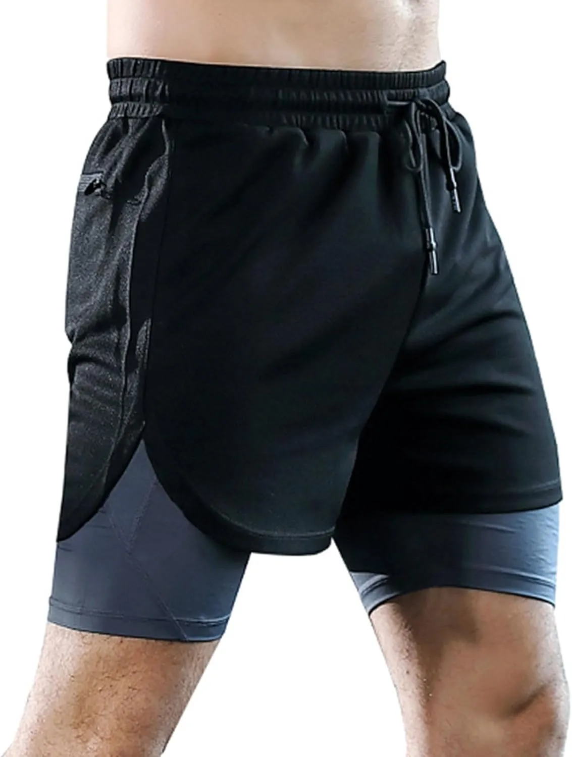 Men's Workout Shorts 2 in 1 Stretch Quick Dry Gym Shorts Running Athletic Shorts with Compression Liner Zip Pocket