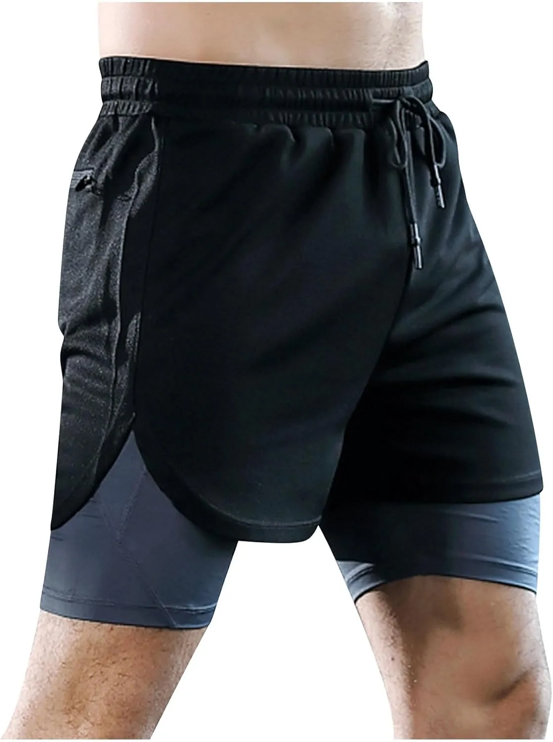 Men's Workout Shorts 2 in 1 Stretch Quick Dry Gym Shorts Running Athletic Shorts with Compression Liner Zip Pocket