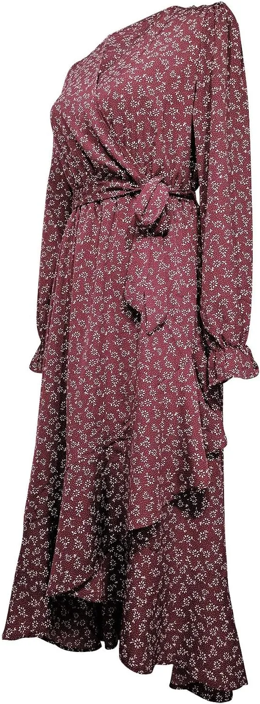 Midi Dresses for Women Casual Boho Floral V Neck Long Sleeve Long Evening Dress Cocktail Party Maxi Wedding Dresses