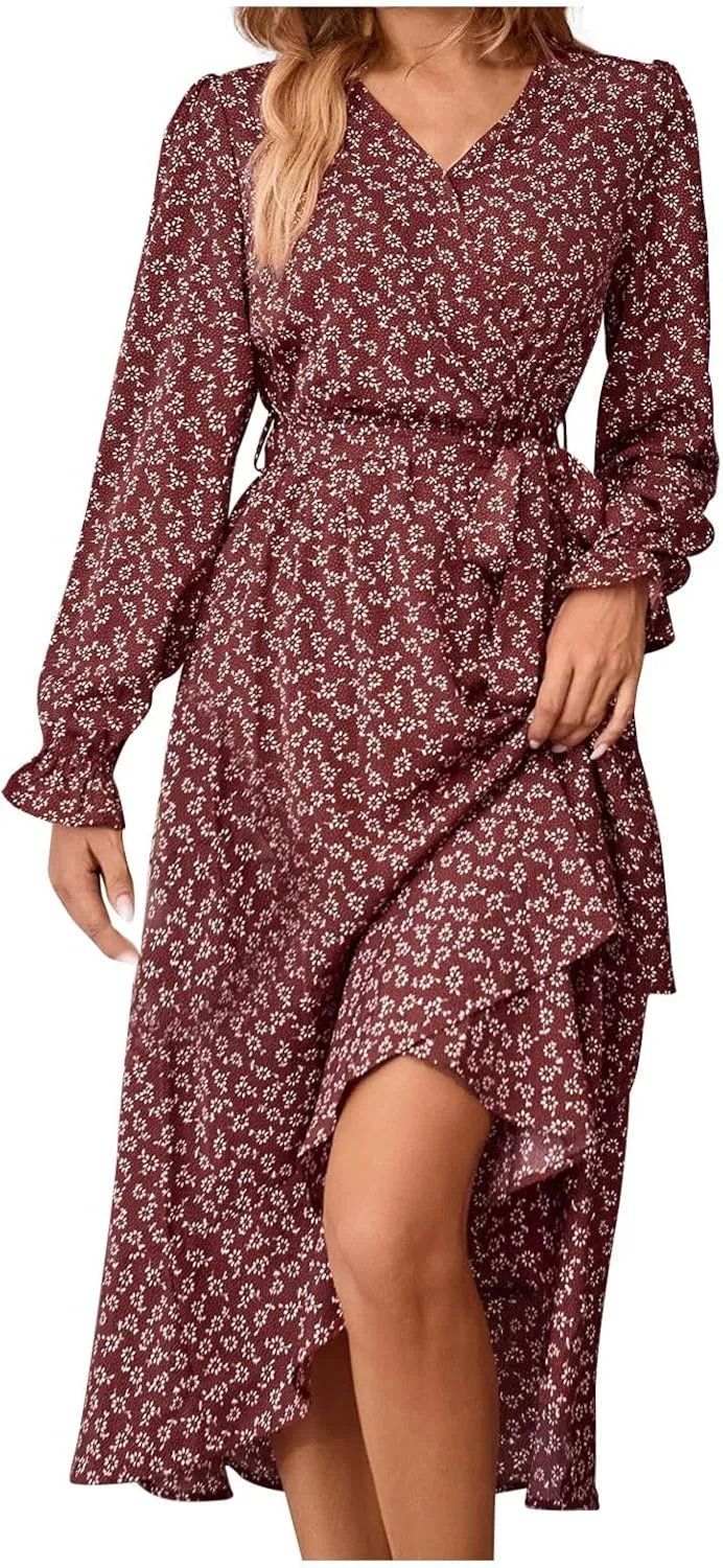 Midi Dresses for Women Casual Boho Floral V Neck Long Sleeve Long Evening Dress Cocktail Party Maxi Wedding Dresses