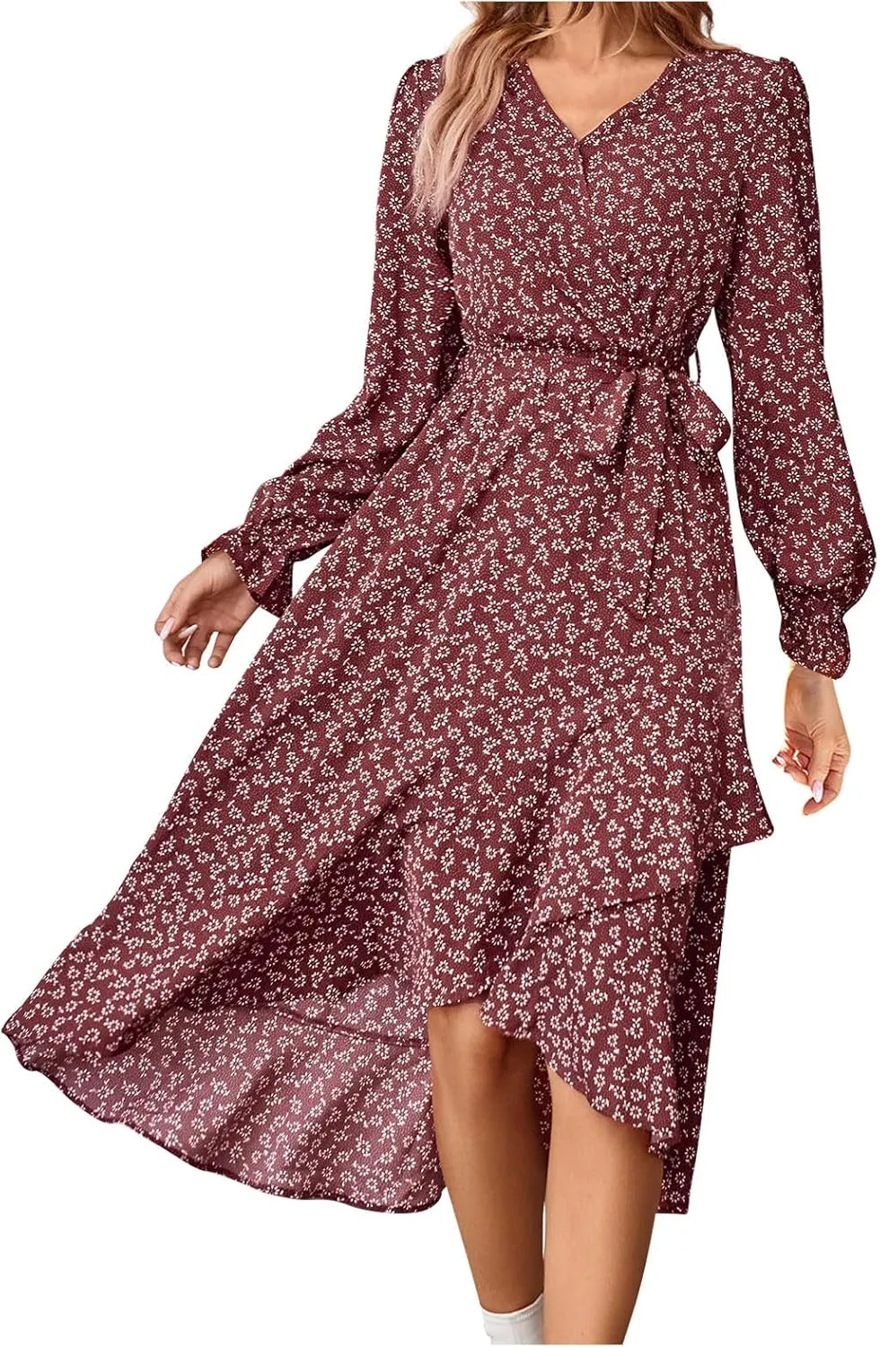 Midi Dresses for Women Casual Boho Floral V Neck Long Sleeve Long Evening Dress Cocktail Party Maxi Wedding Dresses