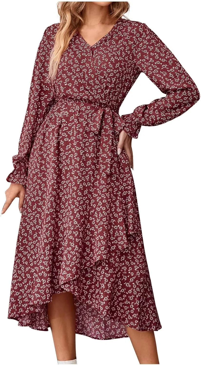 Midi Dresses for Women Casual Boho Floral V Neck Long Sleeve Long Evening Dress Cocktail Party Maxi Wedding Dresses