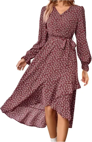 Midi Dresses for Women Casual Boho Floral V Neck Long Sleeve Long Evening Dress Cocktail Party Maxi Wedding Dresses
