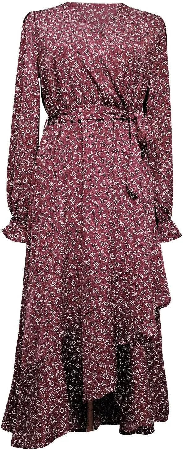 Midi Dresses for Women Casual Boho Floral V Neck Long Sleeve Long Evening Dress Cocktail Party Maxi Wedding Dresses