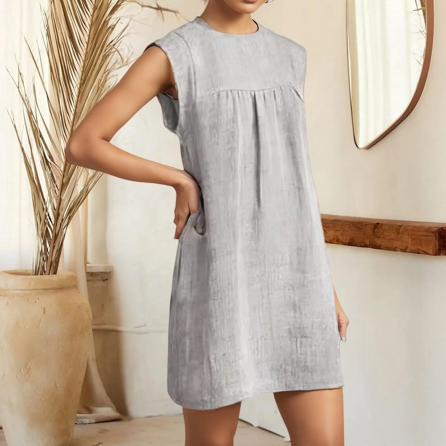 Mini Dresses for Women Summer Cotton Linen A Line Dress Casual Business Short Dress Comfy T Shirt Sundresses Pockets