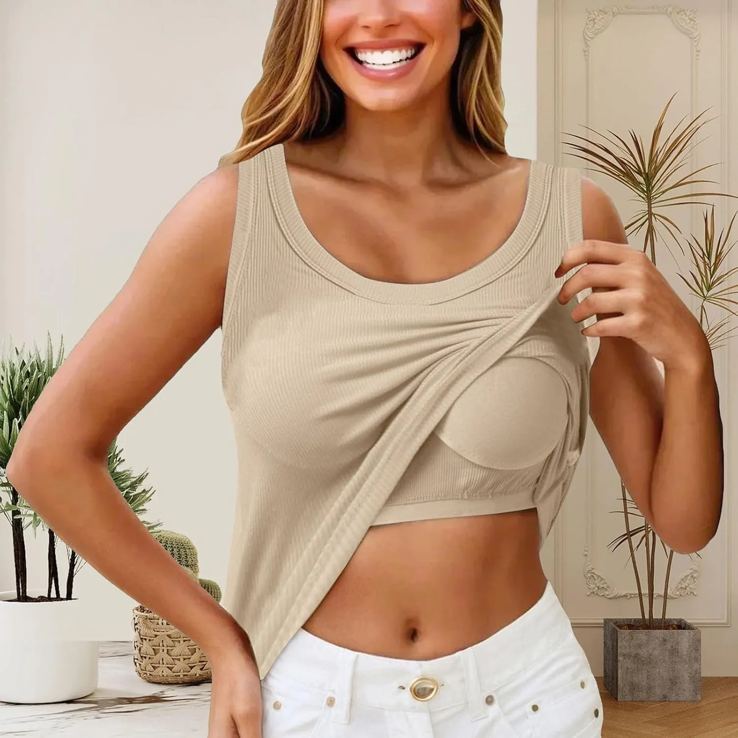 Miyaomn Womens Tank Top with Built in Bra Camisole Workout Tops Padded No Underwire Sports Yoga Bras Summer Basic Undershirts