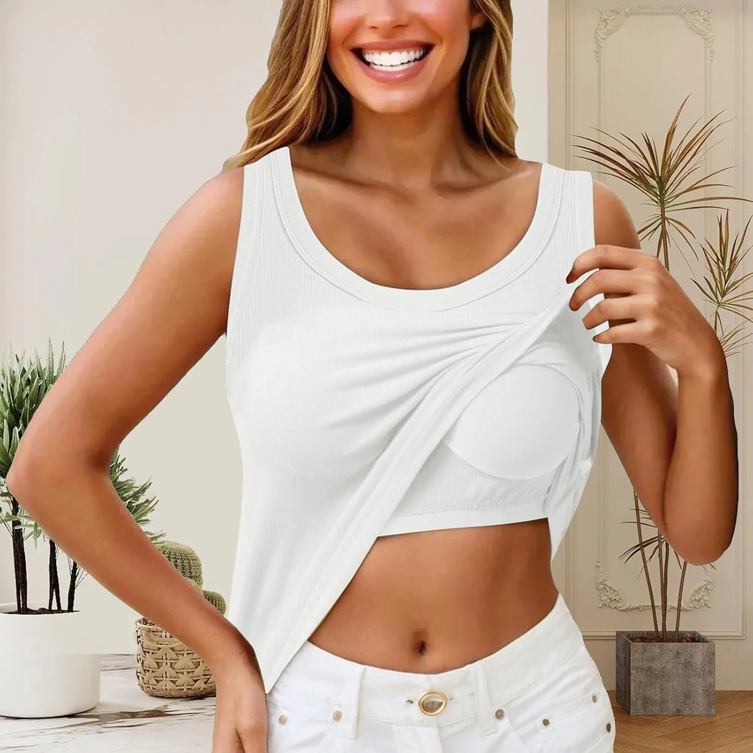 Miyaomn Womens Tank Top with Built in Bra Camisole Workout Tops Padded No Underwire Sports Yoga Bras Summer Basic Undershirts