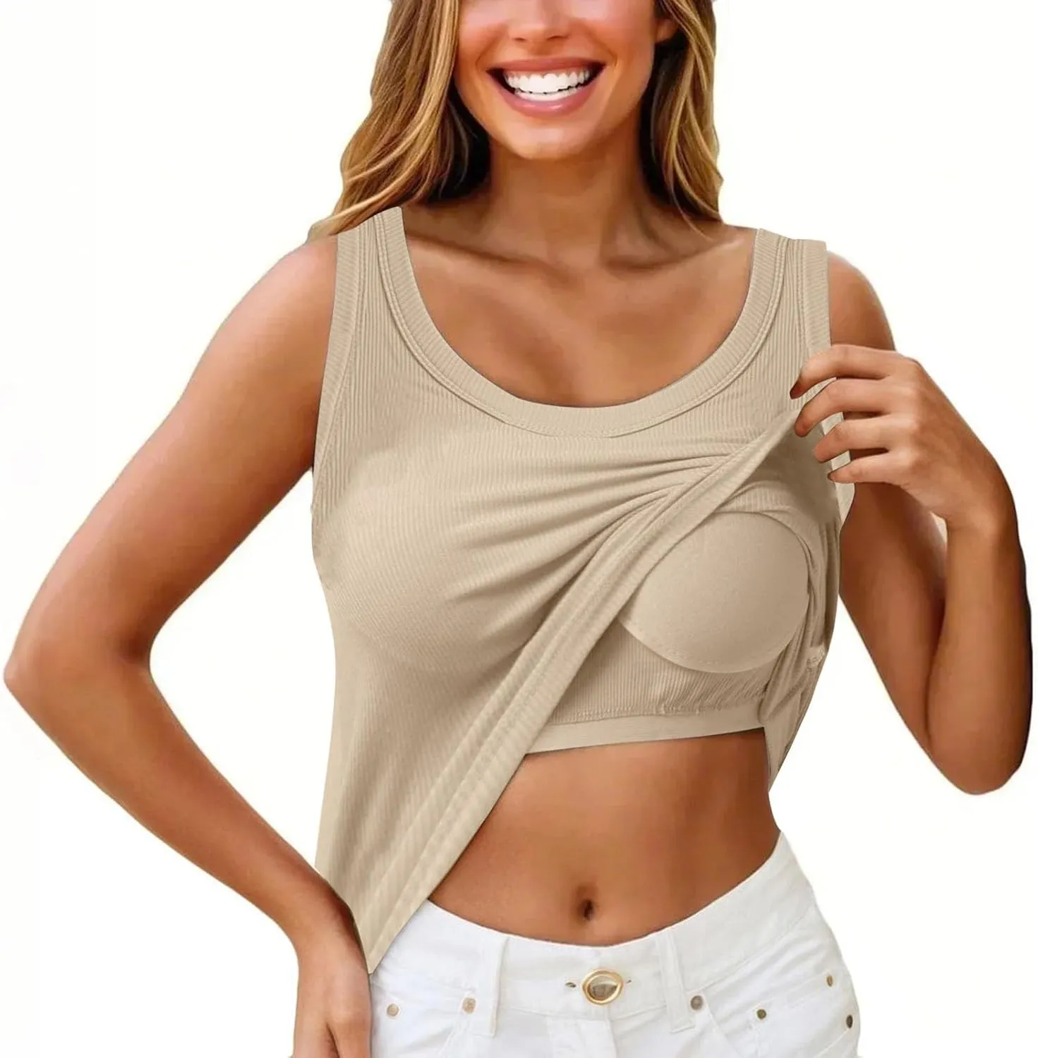 Miyaomn Womens Tank Top with Built in Bra Camisole Workout Tops Padded No Underwire Sports Yoga Bras Summer Basic Undershirts
