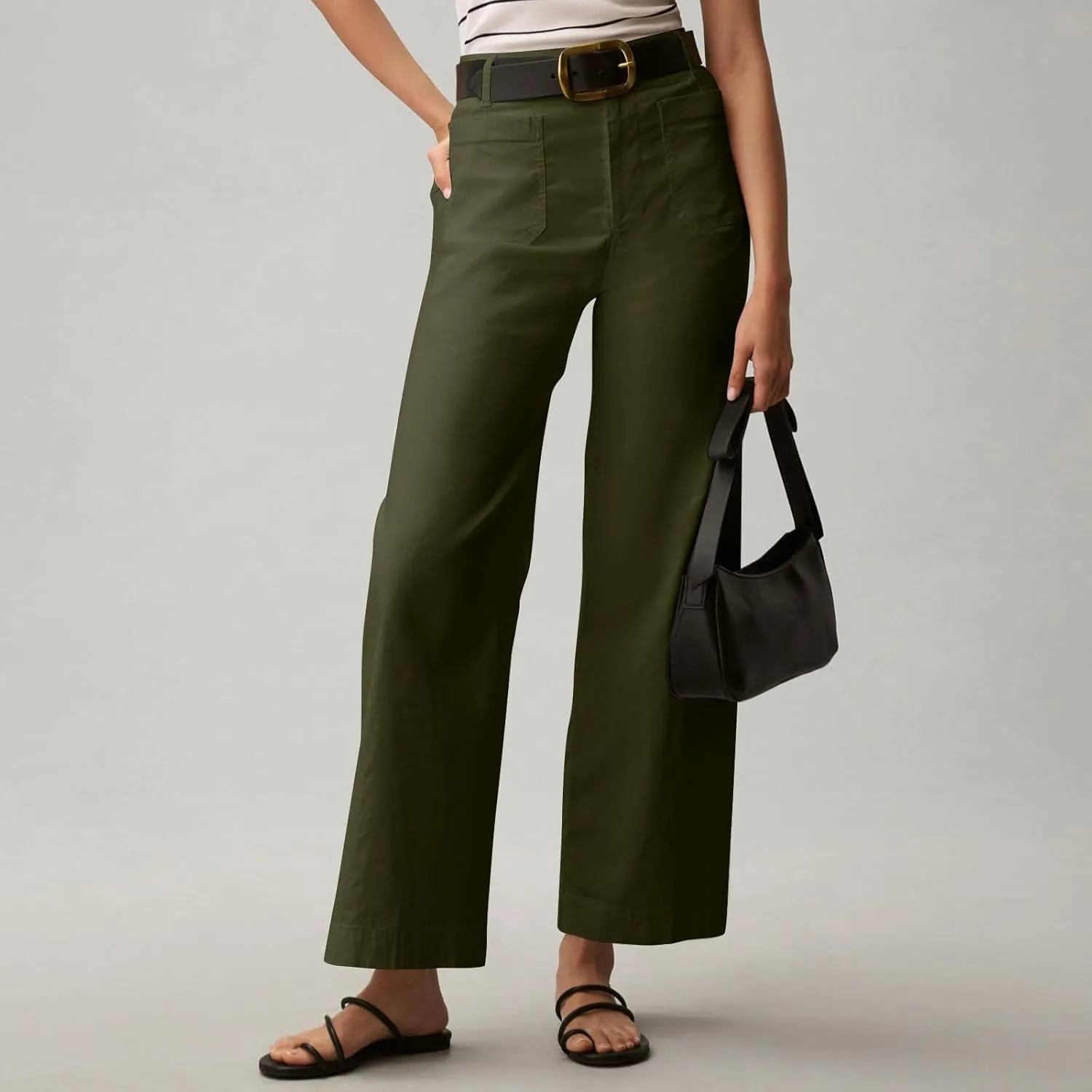 NBXNZWF Womens Wide Leg Cropped Pants Stretch Twill Jeans with Patch Pocket Straight Leg High Waisted Chino Casual Jeans