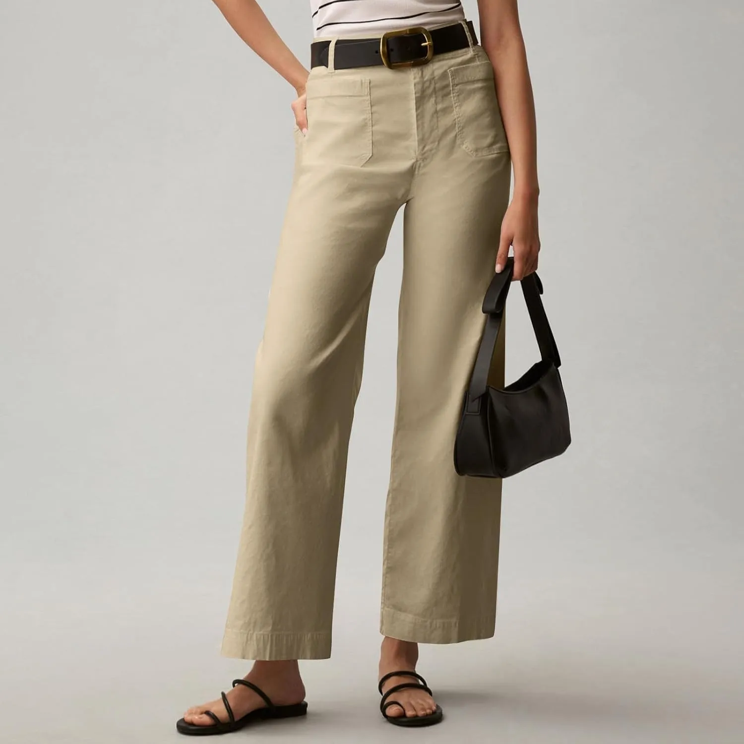NBXNZWF Womens Wide Leg Cropped Pants Stretch Twill Jeans with Patch Pocket Straight Leg High Waisted Chino Casual Jeans