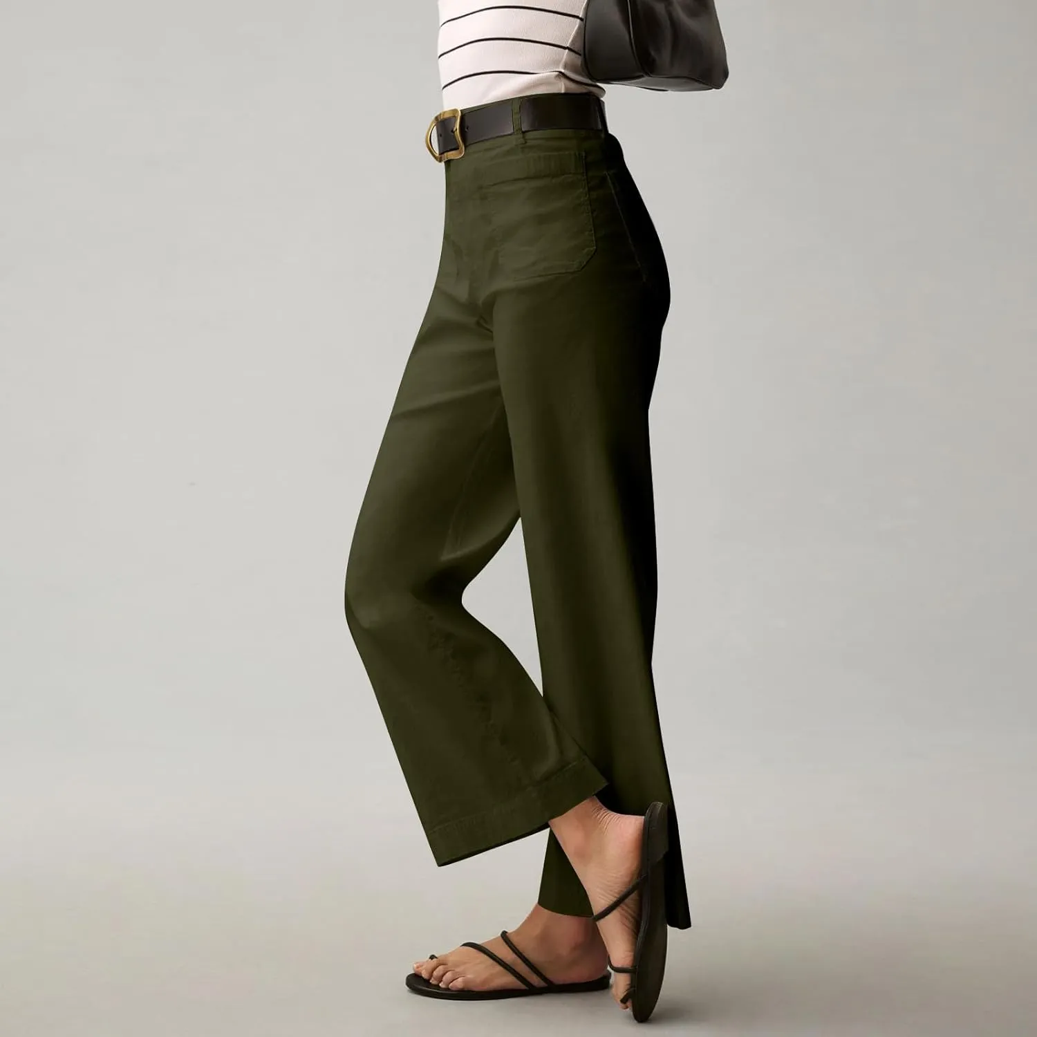 NBXNZWF Womens Wide Leg Cropped Pants Stretch Twill Jeans with Patch Pocket Straight Leg High Waisted Chino Casual Jeans