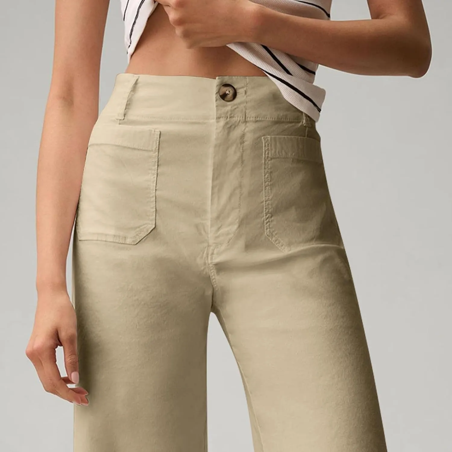 NBXNZWF Womens Wide Leg Cropped Pants Stretch Twill Jeans with Patch Pocket Straight Leg High Waisted Chino Casual Jeans