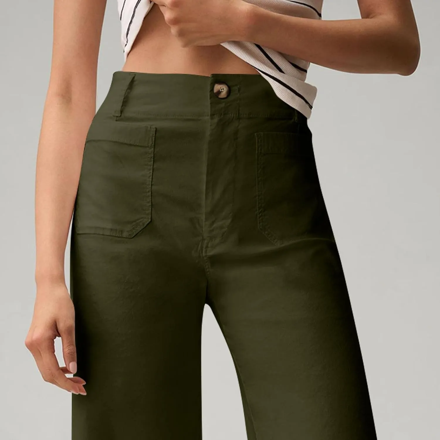 NBXNZWF Womens Wide Leg Cropped Pants Stretch Twill Jeans with Patch Pocket Straight Leg High Waisted Chino Casual Jeans