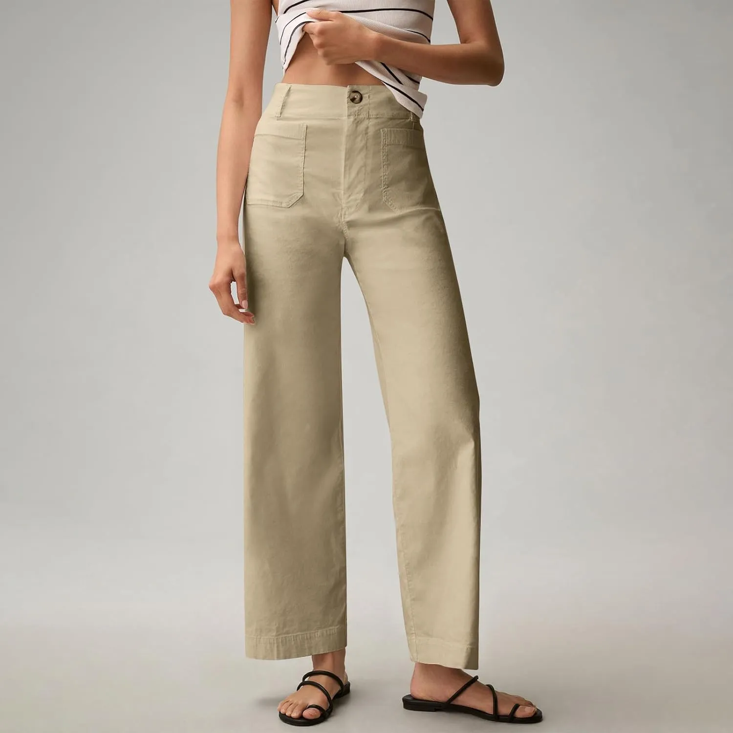 NBXNZWF Womens Wide Leg Cropped Pants Stretch Twill Jeans with Patch Pocket Straight Leg High Waisted Chino Casual Jeans