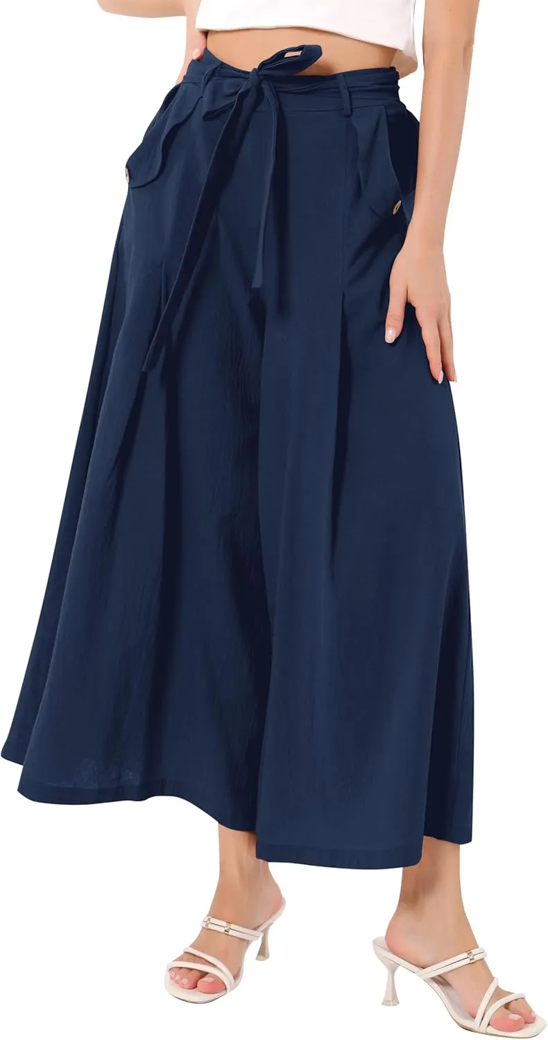 OBEEII Women's Cropped Wide Leg Pants with Pockets High Waisted Flowy Linen Pants Casual Summer Beach Loose Palazzo Pants