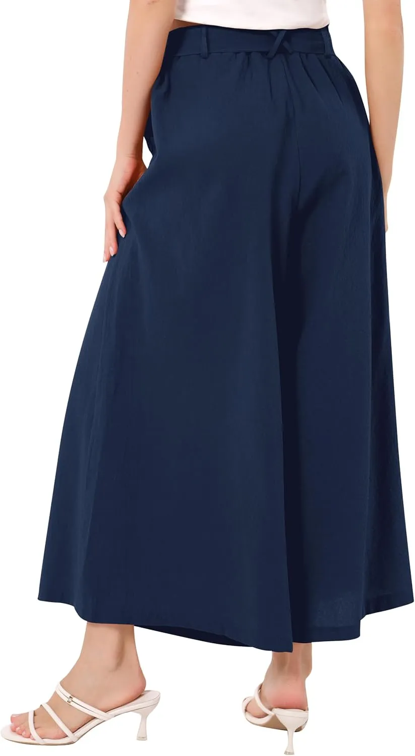OBEEII Women's Cropped Wide Leg Pants with Pockets High Waisted Flowy Linen Pants Casual Summer Beach Loose Palazzo Pants