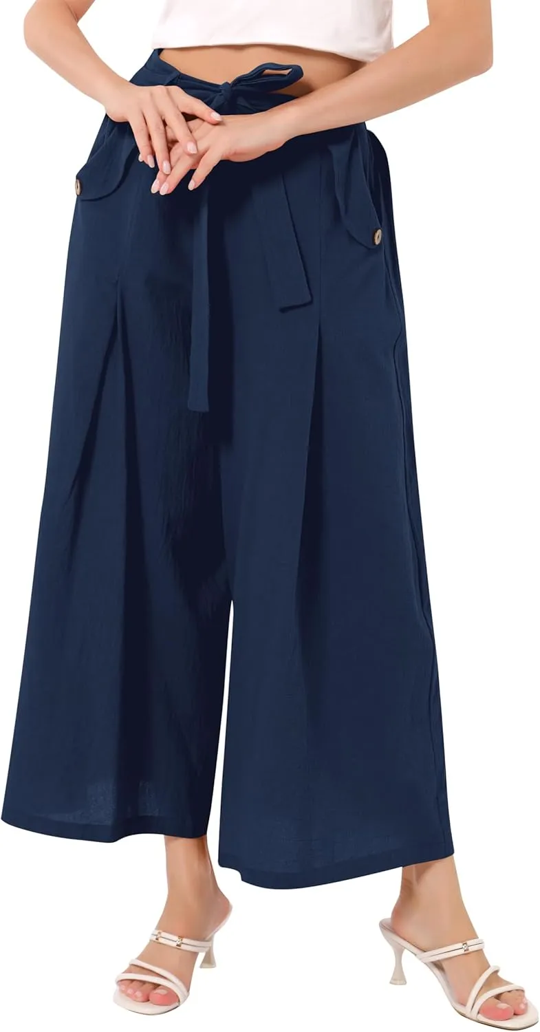 OBEEII Women's Cropped Wide Leg Pants with Pockets High Waisted Flowy Linen Pants Casual Summer Beach Loose Palazzo Pants