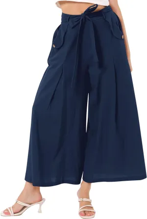OBEEII Women's Cropped Wide Leg Pants with Pockets High Waisted Flowy Linen Pants Casual Summer Beach Loose Palazzo Pants