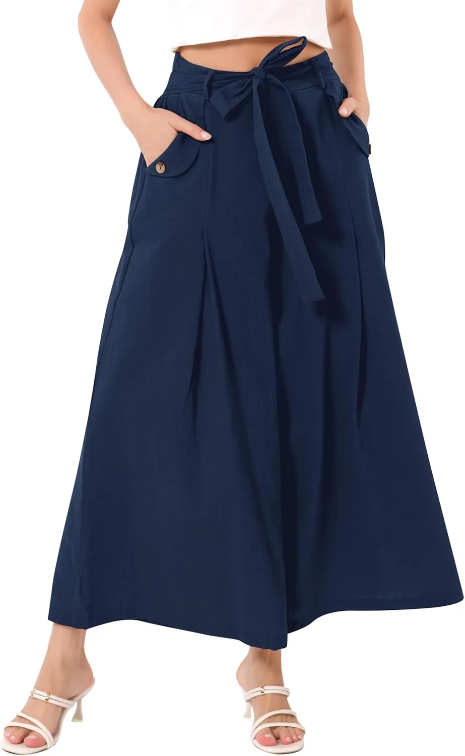 OBEEII Women's Cropped Wide Leg Pants with Pockets High Waisted Flowy Linen Pants Casual Summer Beach Loose Palazzo Pants