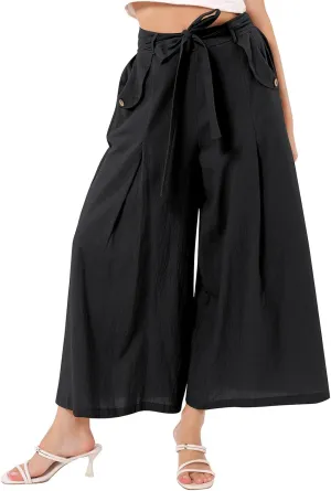 OBEEII Women's Cropped Wide Leg Pants with Pockets High Waisted Flowy Linen Pants Casual Summer Beach Loose Palazzo Pants
