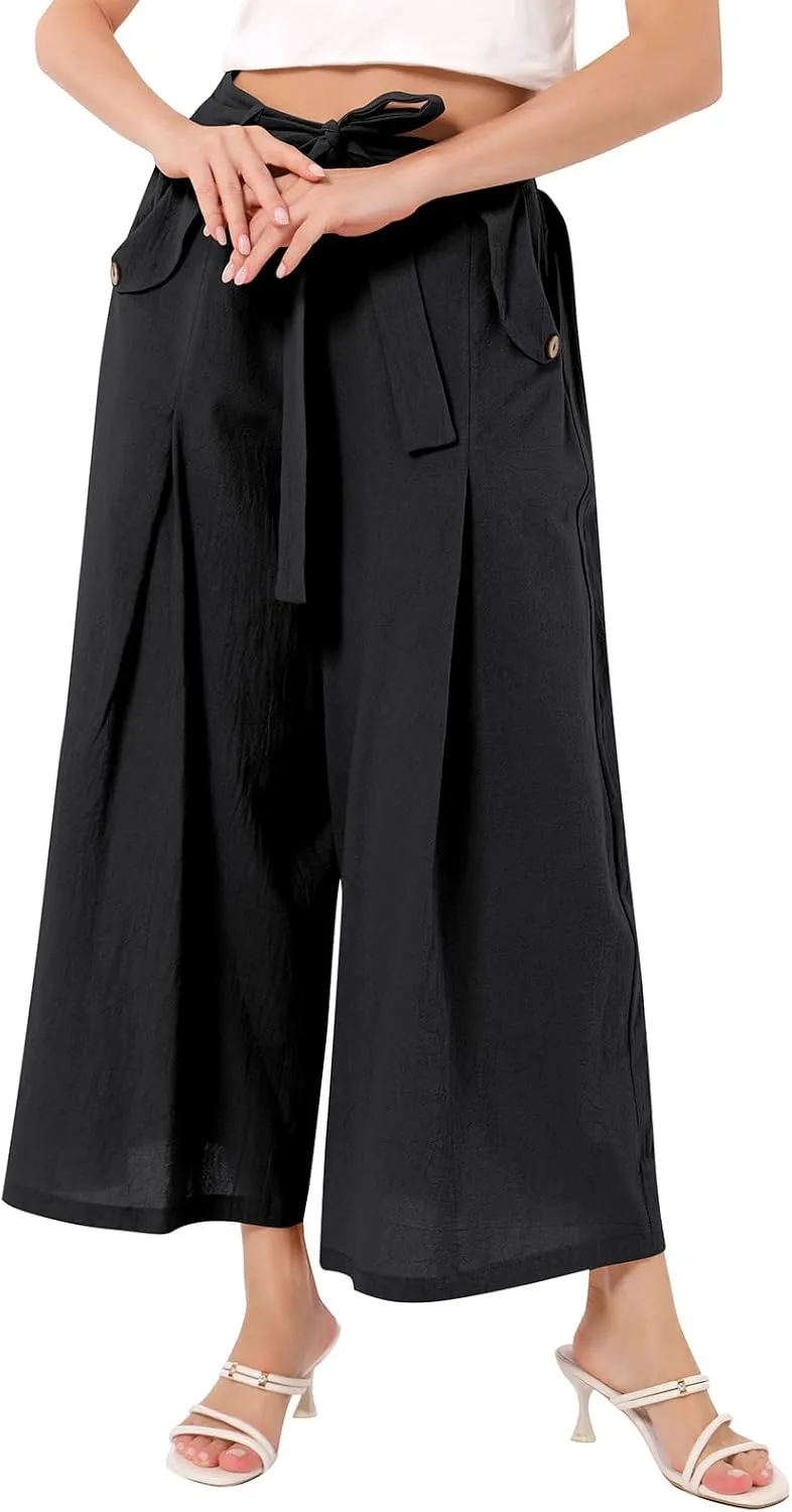 OBEEII Women's Cropped Wide Leg Pants with Pockets High Waisted Flowy Linen Pants Casual Summer Beach Loose Palazzo Pants