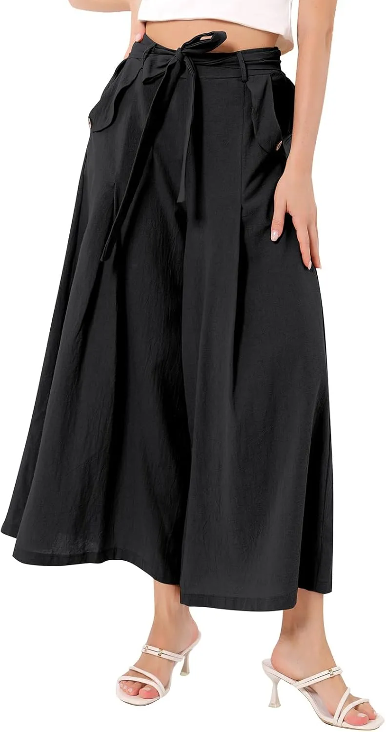 OBEEII Women's Cropped Wide Leg Pants with Pockets High Waisted Flowy Linen Pants Casual Summer Beach Loose Palazzo Pants
