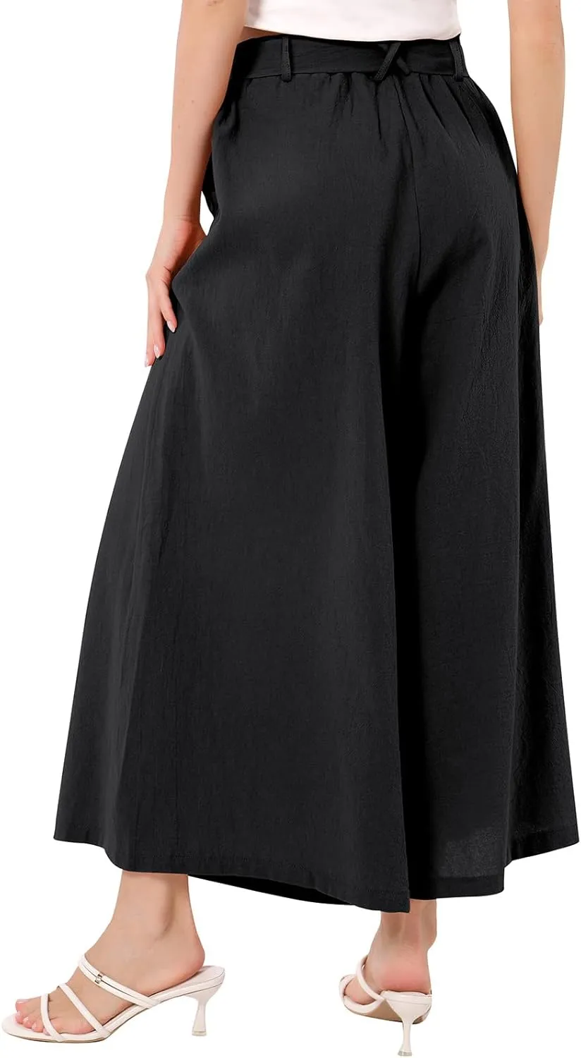 OBEEII Women's Cropped Wide Leg Pants with Pockets High Waisted Flowy Linen Pants Casual Summer Beach Loose Palazzo Pants
