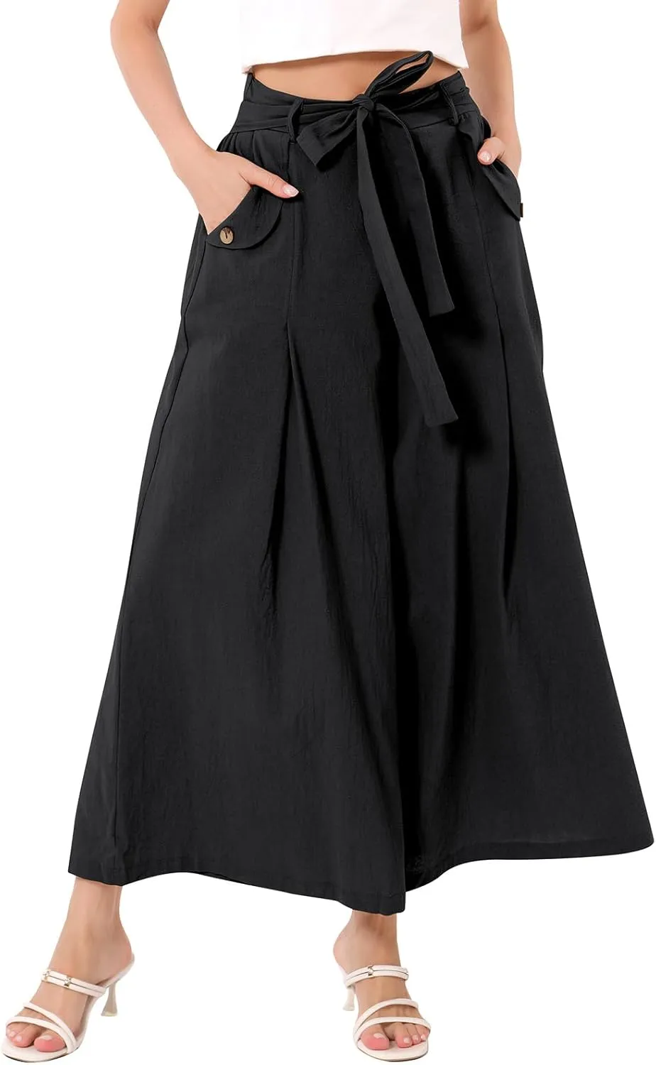 OBEEII Women's Cropped Wide Leg Pants with Pockets High Waisted Flowy Linen Pants Casual Summer Beach Loose Palazzo Pants