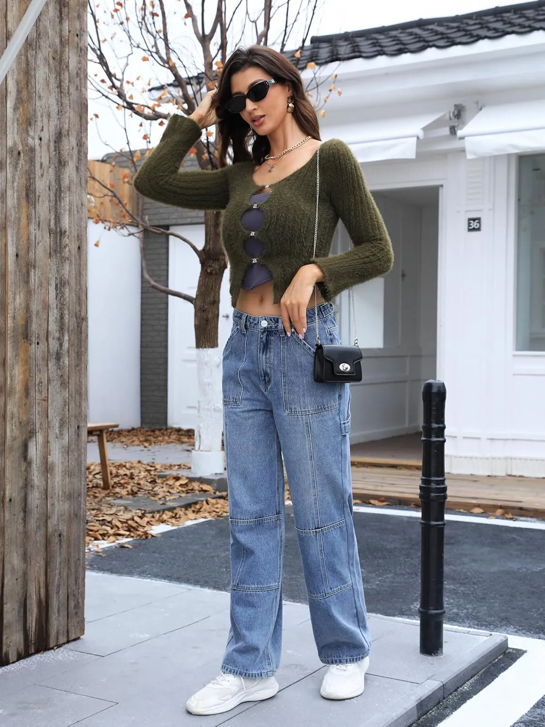 ONESO Womens Straight Leg Jeans, Mid Waist Front Seam Wide Leg Jeans for Women Boyfriend Denim Pants