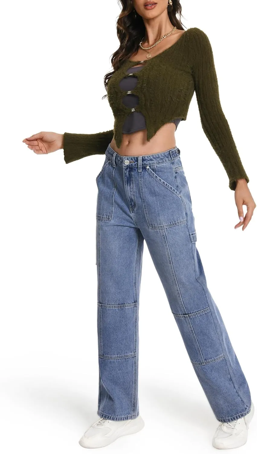 ONESO Womens Straight Leg Jeans, Mid Waist Front Seam Wide Leg Jeans for Women Boyfriend Denim Pants