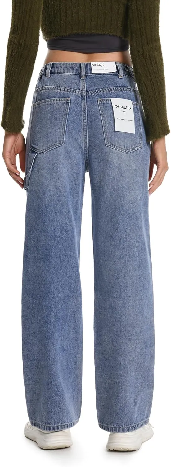 ONESO Womens Straight Leg Jeans, Mid Waist Front Seam Wide Leg Jeans for Women Boyfriend Denim Pants