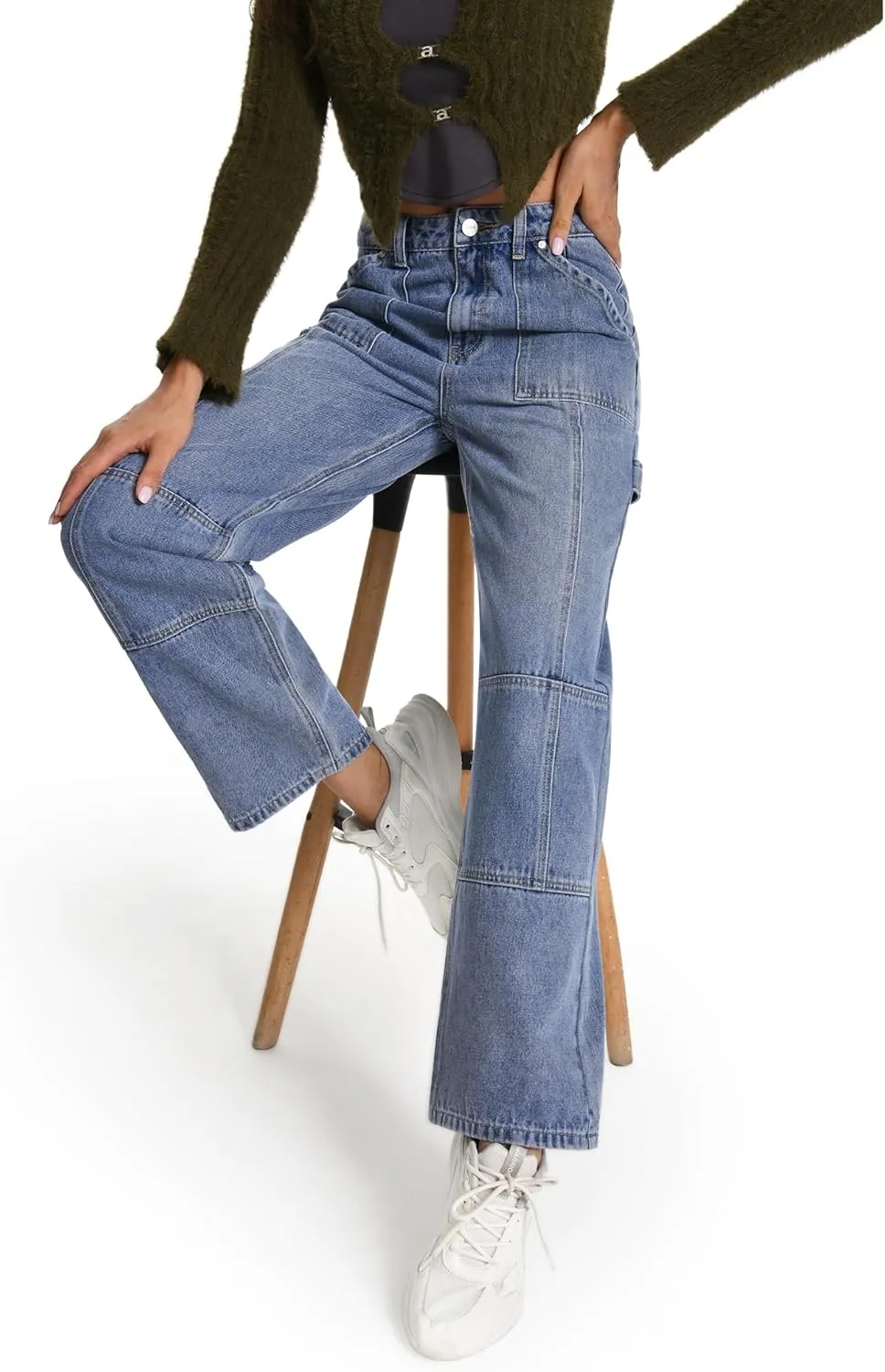 ONESO Womens Straight Leg Jeans, Mid Waist Front Seam Wide Leg Jeans for Women Boyfriend Denim Pants
