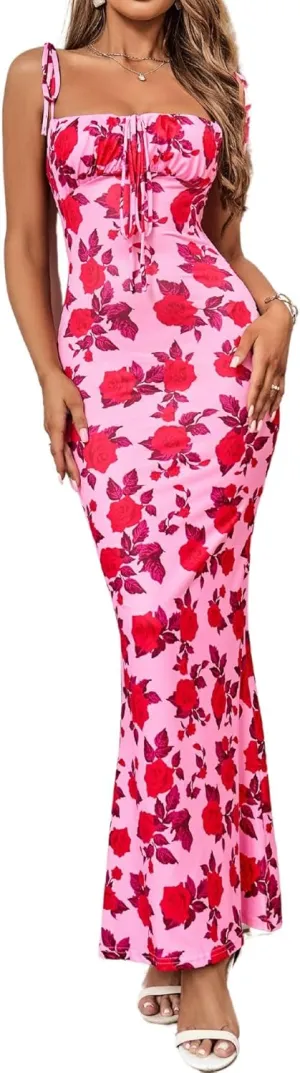 Parthea Women's Summer Floral Bodycon Backless Maxi Dress Sexy Lounge Slip Long Formal Party Evening Elegant Dress