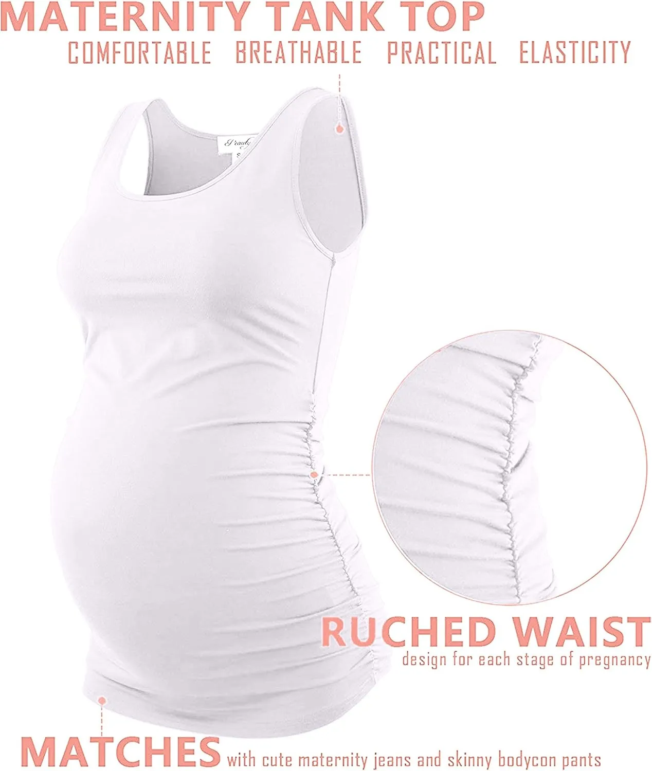 Peauty "Long Enough to Cover Hip Maternity Side Ruch Tank Tops/Basic Maternity Tops for Summer Casual Wear (S-3XL)