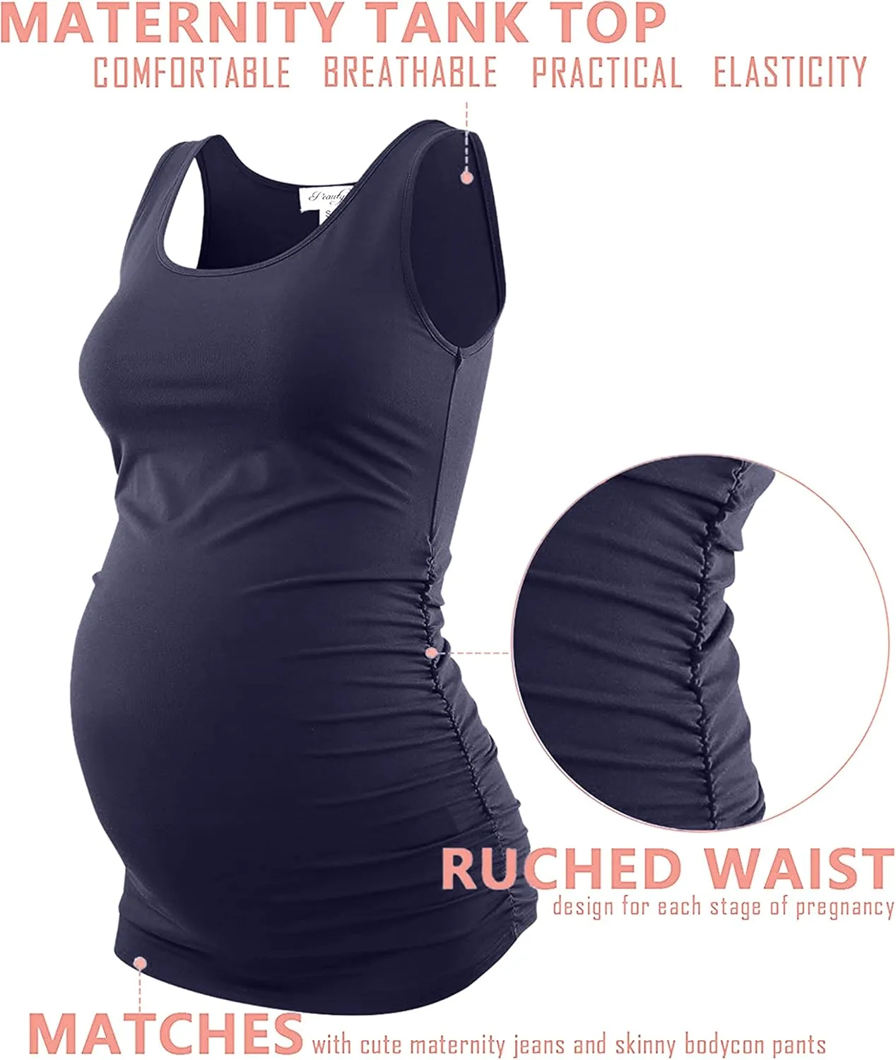 Peauty "Long Enough to Cover Hip Maternity Side Ruch Tank Tops/Basic Maternity Tops for Summer Casual Wear (S-3XL)
